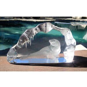 MCM Styled Swedish Crystal Seal in Ice Cave Sculpture Signed by Mats Jonasson